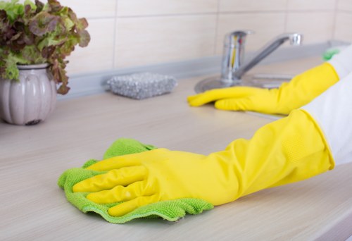 Local office cleaners working in a busy N7 workspace reception area